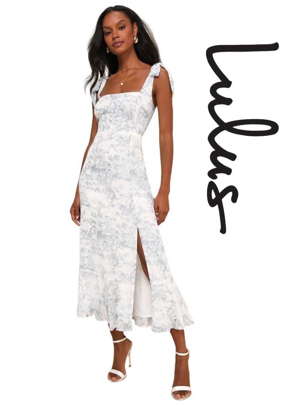 Lulus Summer Invite White and Blue Toile Tie-Strap Tiered Midi Dress